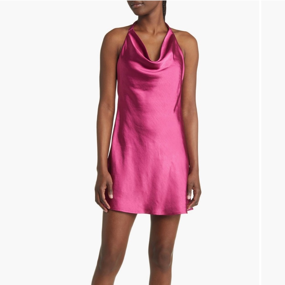 LIKE NEW:  LULUs Magenta party cowl neck satin mini dress!